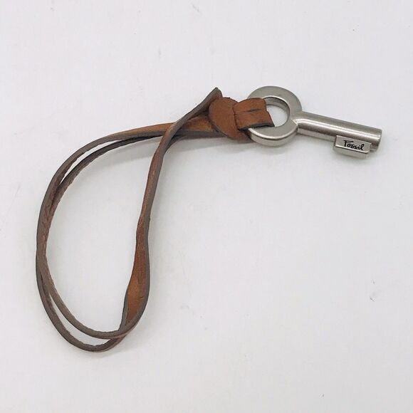 Fossil Key Charm Purse Accessory Key Fob Keychain Brown Leather with Silver Key - Picture 2 of 10